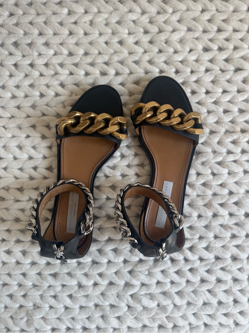 Stella McCartney Falabella Black Chain-Trim Flat Sandals